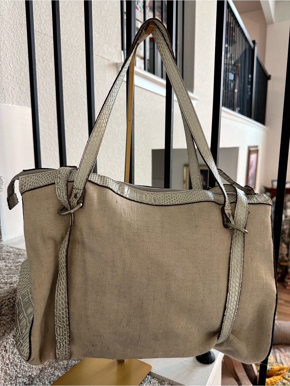 Emilie M - Women’s Beige Canvas Tote with Silver Tream